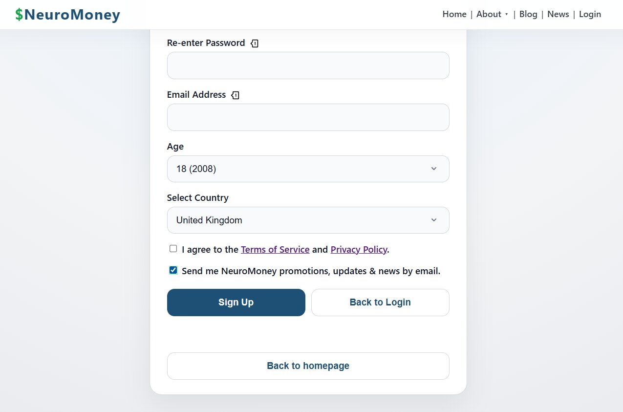 NeuroMoney signup form showing the email promotions, updates and news consent checkbox